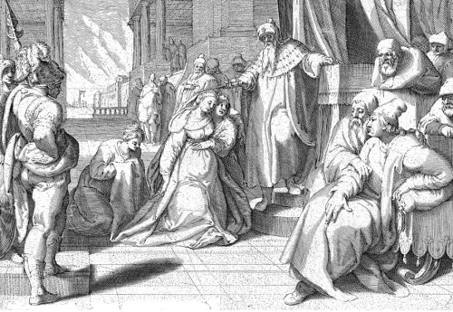 Esther kneels before King Ahasuerus