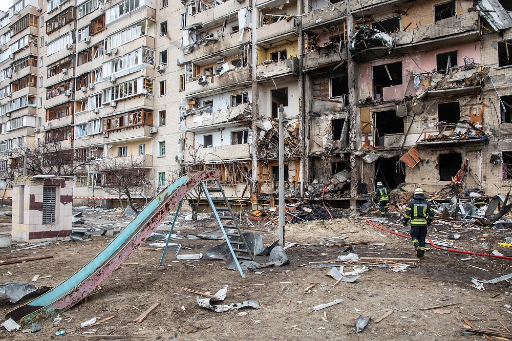 Bombed building in Ukraine