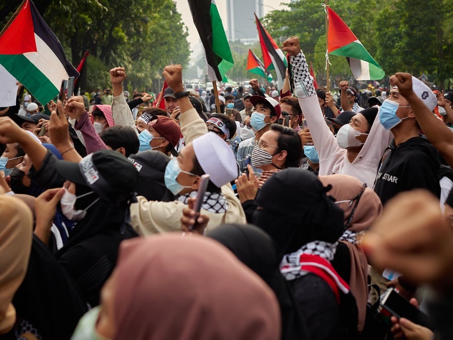 מפגינים באינדונזיה מחזיקים דגלי פלסטין וכאפיות