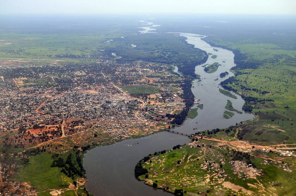 Aerial of Juba, the capital of South Sudan, with river Nile on t