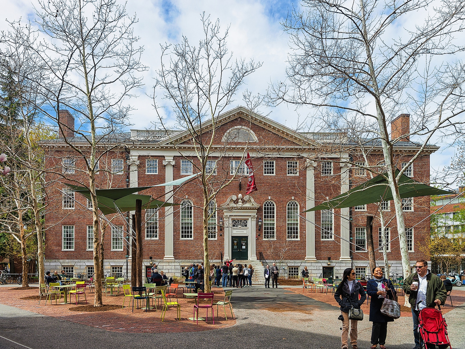 Cambridge USA - April 29 2015: People at Lehman Hall in the campus of Harvard University in Cambridge Massachusetts MA USA. Now it places Dudley House