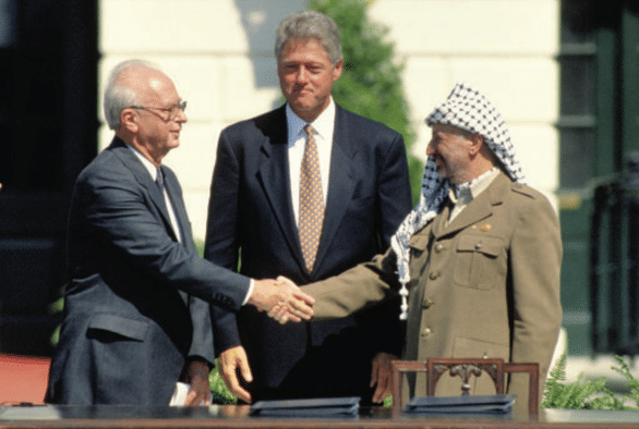 Above: Washington, DC. USA, 13th September, 1993. Prime Minister Yitzhak Rabin of Israel (left) and Palestine Liberation Organization chairman, Yasser Arafat (right), with President Bill Clinton (middle), shake hands after signing the Peace Accords Photo: Mark Reinstein, Shutterstock.com