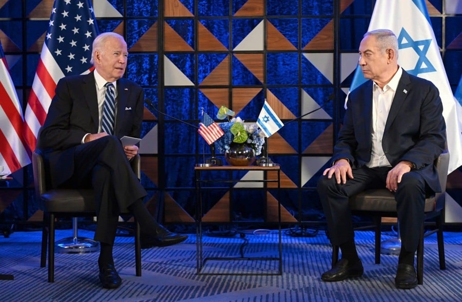 Biden and Netanyahu sitting together on stage