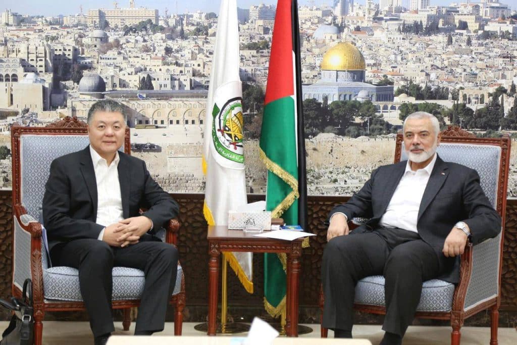 Ambassador of the West Asia and North Africa Department at the Chinese Foreign Ministry, Wang Kajian and Ismail Haniyeh