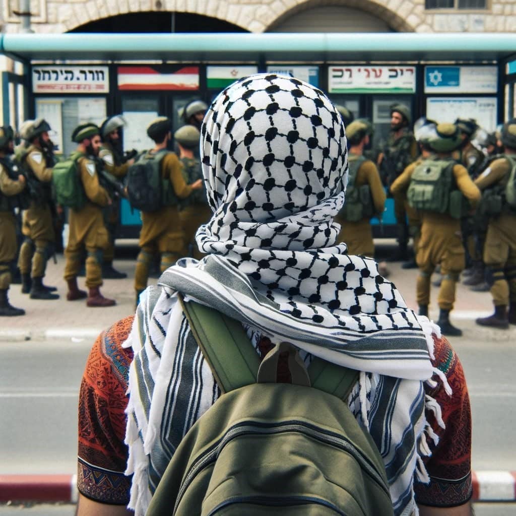AI graphics shows a young Palestinian terrorist observing IDF soldiers in an urban setting