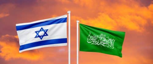 Israel and hamas flags facing opposite directions