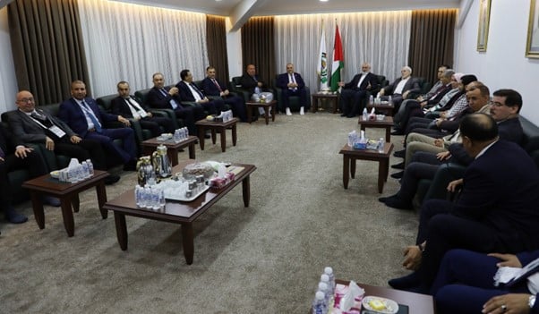 Hamas leaders including Ismail Haniyeh meeting with the Algerian delegation