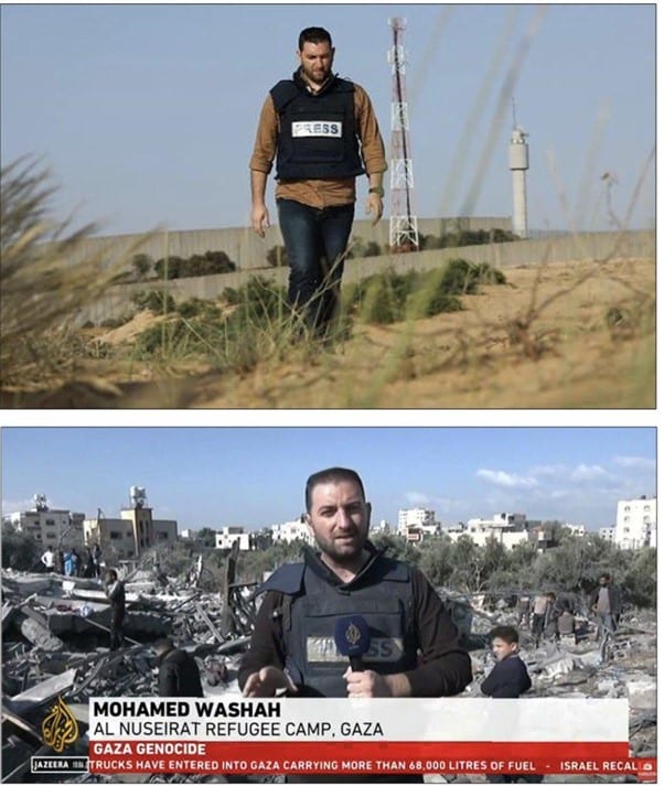 Muhammad Wishah with a blue press vest on Aljazeera news