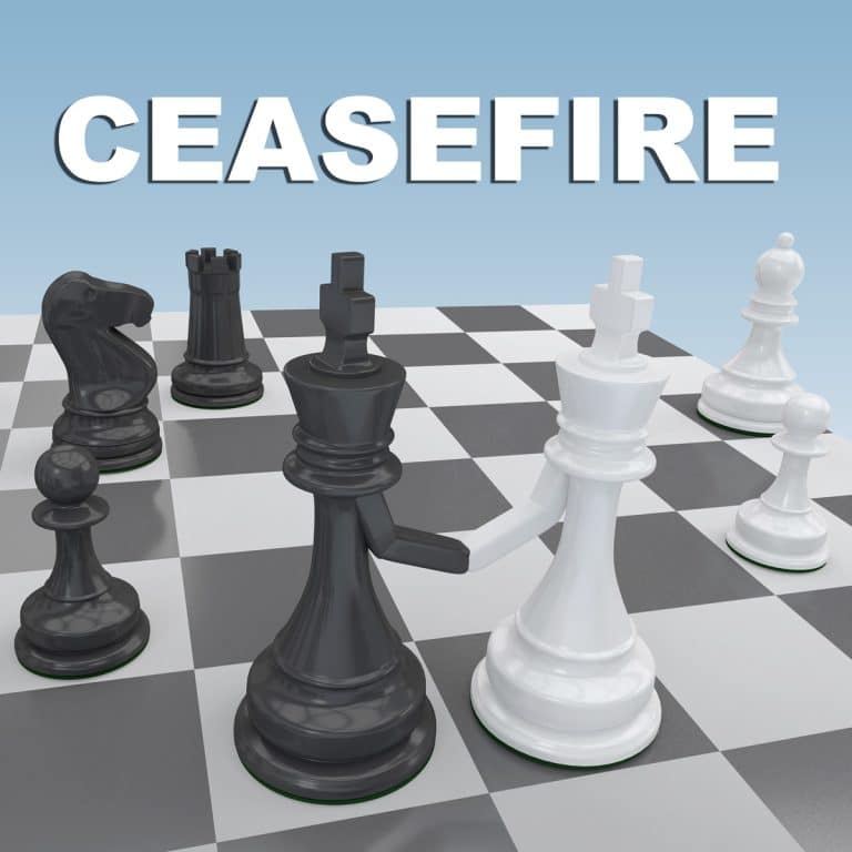 3D illustration of chess kings shaking hands, with headline CEASEFIRE.