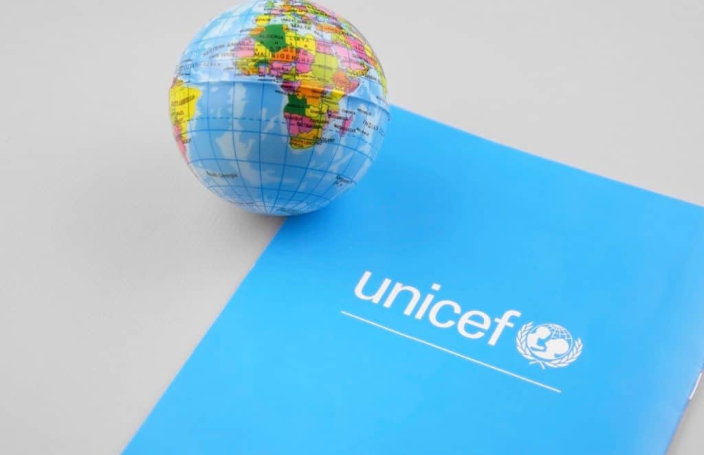 UNICEF light blue booklet and a small globe