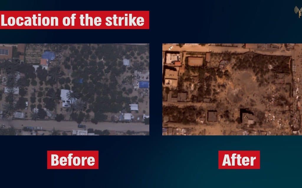 A before-and-after image released by the IDF shows a fenced-off Hamas compound in the southern Gaza Strip where Muhammad Deif, the commander of Hamas's military wing, and Rafa'a Salameh, the commander of Hamas's Khan Younis Brigade were targeted on July 13, 2024.