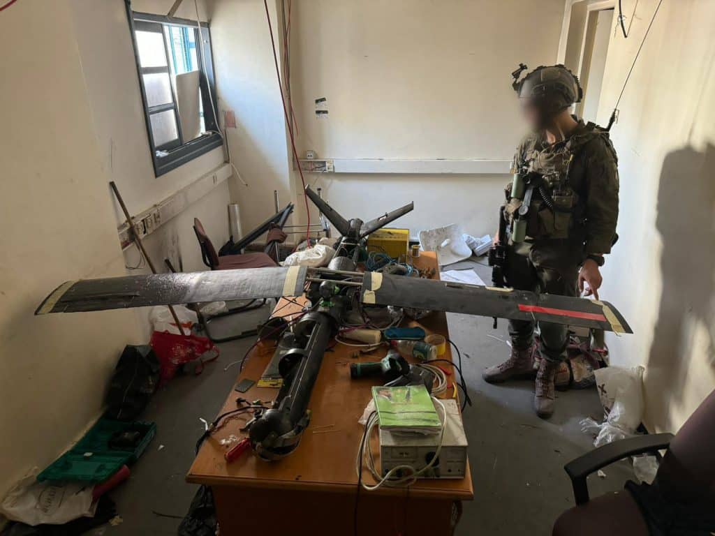 A Hamas drone found by IDF troops at UNRWA’s headquarters in Gaza City, in a handout photo published July 12, 2024