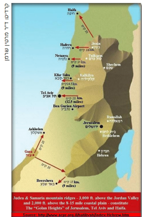 מפה מאויירת עם הגבהה של יהודה ושומרון