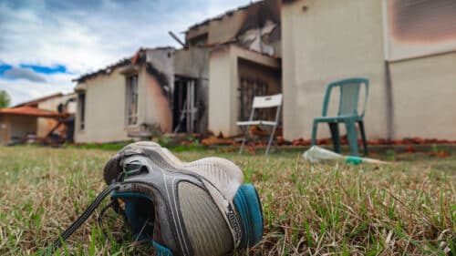 single sneaker on grass and burnt house in background