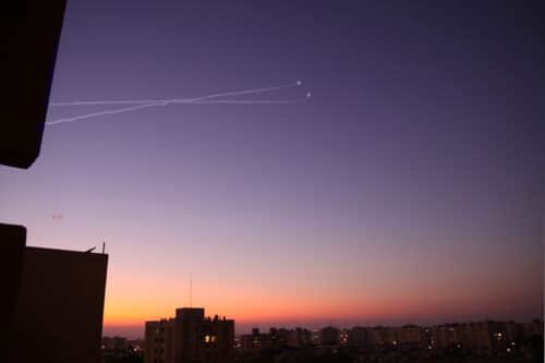 iron dome interception at dusk