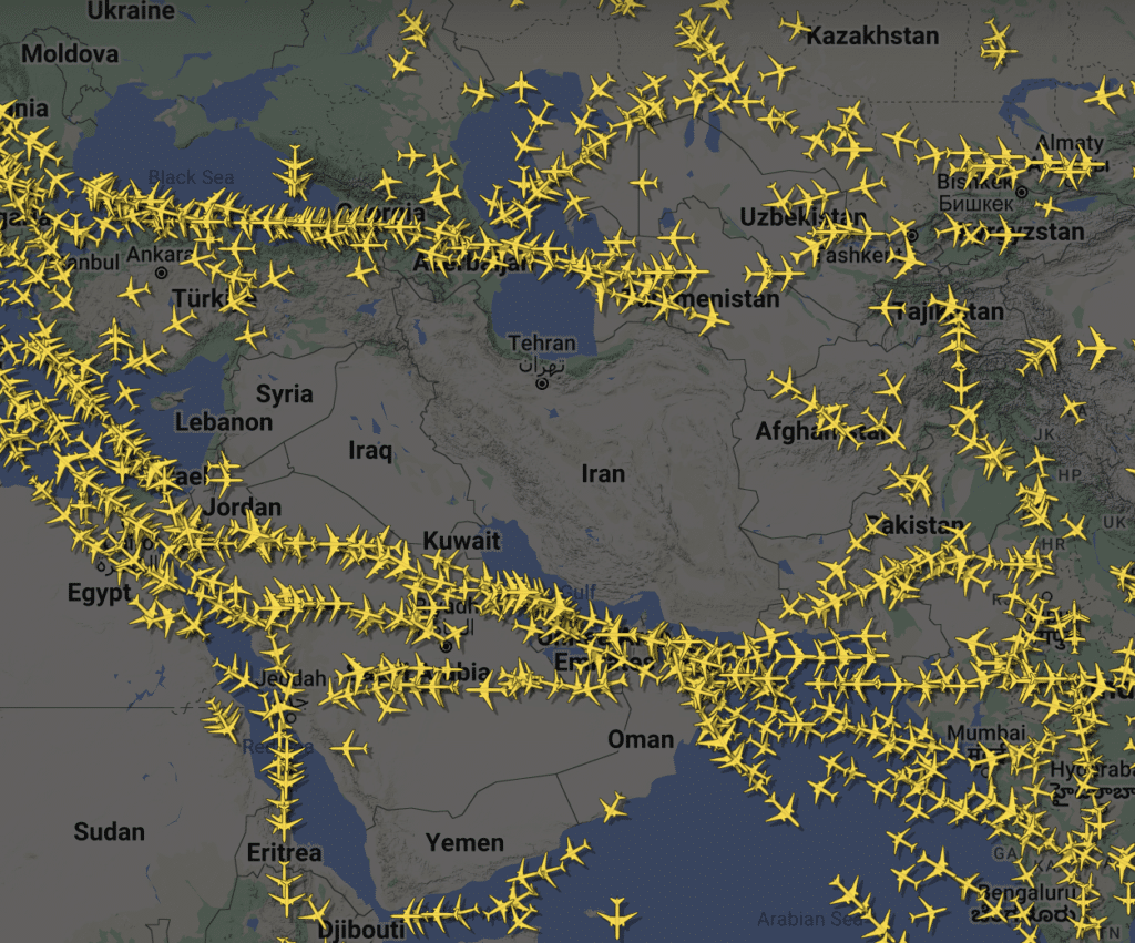 A map of flights in the Middle East. No flights are flying in Iranian Airspace during the attack | Source:  flightradar24