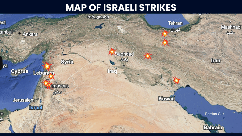 A map of Israeli strikes, according to Arab Intel. | Source:  Reports from various sources.