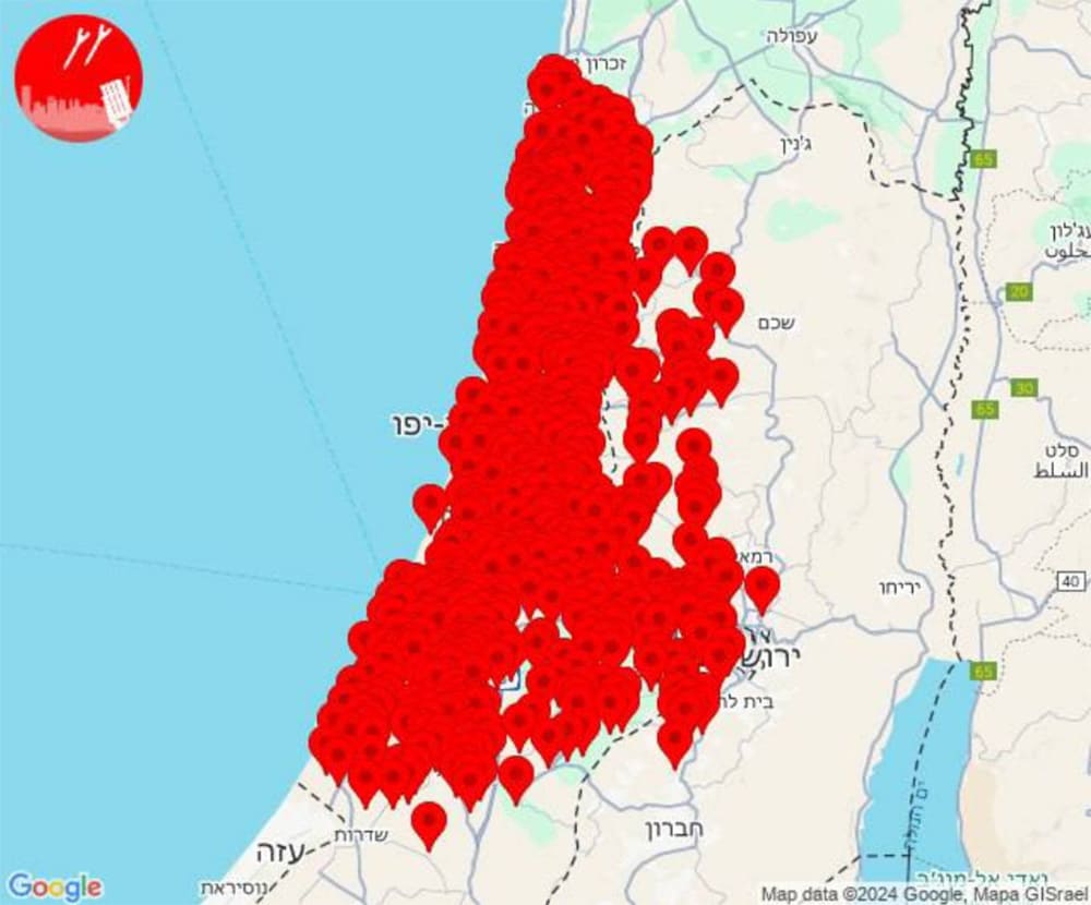 Israel map with red pins indicating locations of sirens