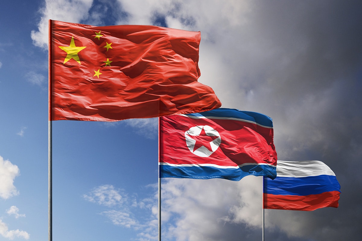 Flags of China North Korea & Russia