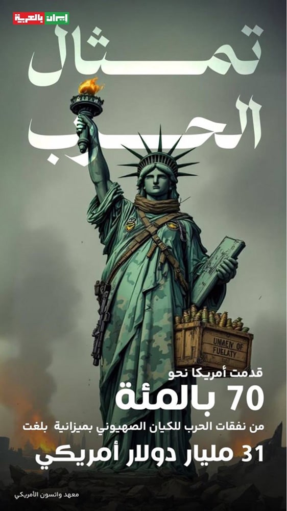 poster showing Statue of liberty with a bag of weapons