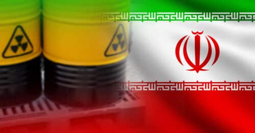 iran flag and barrels with hazardous sign