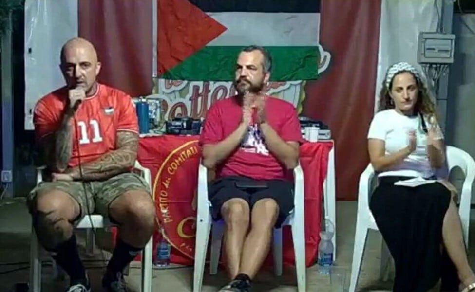 three panelists with palestinian flag in background