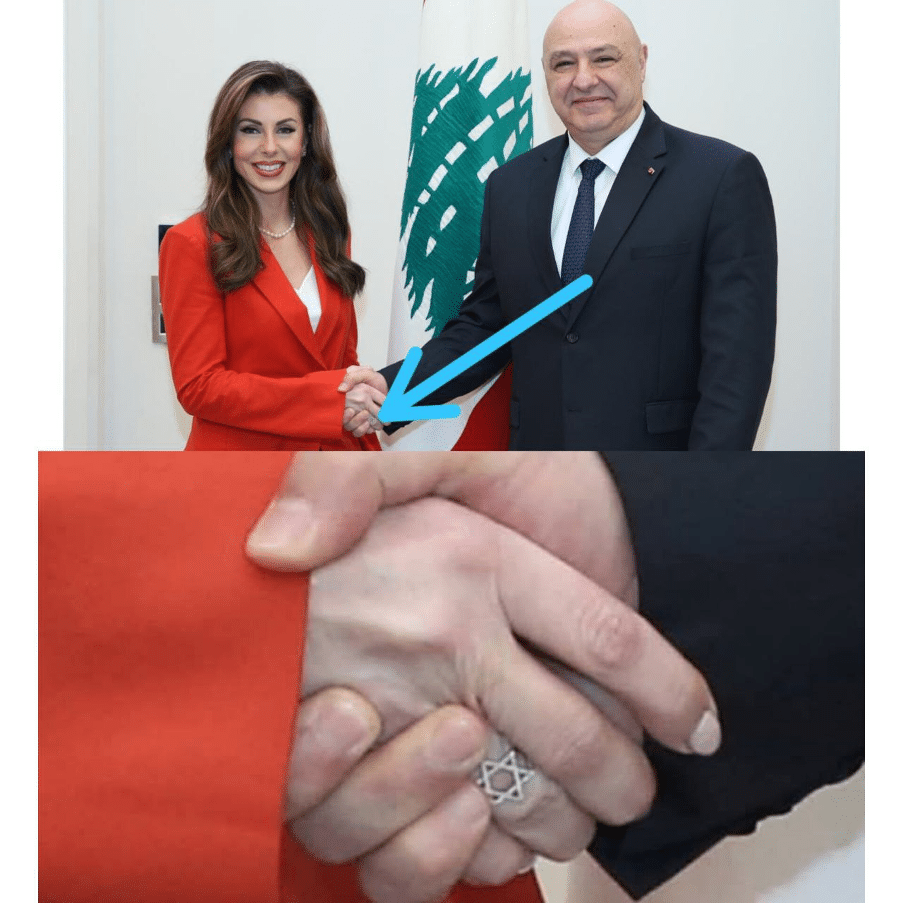 U.S. Deputy Special Envoy for Middle East Peace, Morgan Ortagus, met with Lebanese President Joseph Aoun. During this meeting, she was photographed wearing a ring featuring the Star of David, which garnered significant attention and criticism in Arab media and on social platforms. | Source: Lebanon Camps Posts on telegram, https://t.me/campspost