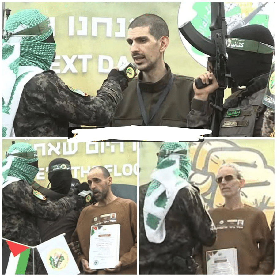 Released Israeli hostages were paraded by Hamas and forced to “answer” questions in front of an audience| Source: Military Media Platform Forum and Discussions on Telegram, https://t.me/alshamii55