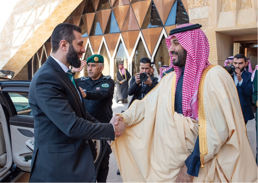 Syrian President Ahmed al Sharaa meeting Mohammed Bin Salman of Saudi Arabia in his first diplomatic trip | Source: General Command News Ahmed Al-Sharaa | Al-Julani on Telegram, https://t.me/syriaaa_2025