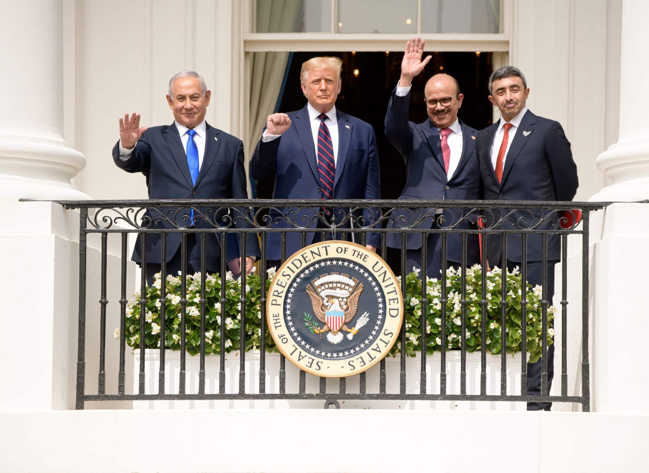 Israeli Prime Minister Benjamin Netanyahu, US President Donald Trump, UAE Foreign Minister Abdullah bin Zayed Al Nahyan and Bahraini Foreign Minister Abdullatif al-Zayani at the signing ceremony of the Abraham Accords at the White House. September 15, 2020 