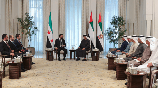The President of Syria, Ahmad al-Sharaa, met in Abu Dhabi with the President of the United Arab Emirates, Sheikh Mohammed bin Zayed. | Source: Al araby TV syria on telegram, /t.me/AlarabyTvSy