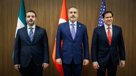 U.S. Secretary of State Marco Rubio met with Syrian Foreign Minister Asaad al-Shaibani in Antalya, Turkey, marking the first high-level meeting between the two countries in 15 years. The discussions included a trilateral meeting with Turkish Foreign Minister Hakan Fidan | Source: Syrian Arab News Agency (SANA) on telegram, https://t.me/SANANewsEnglish