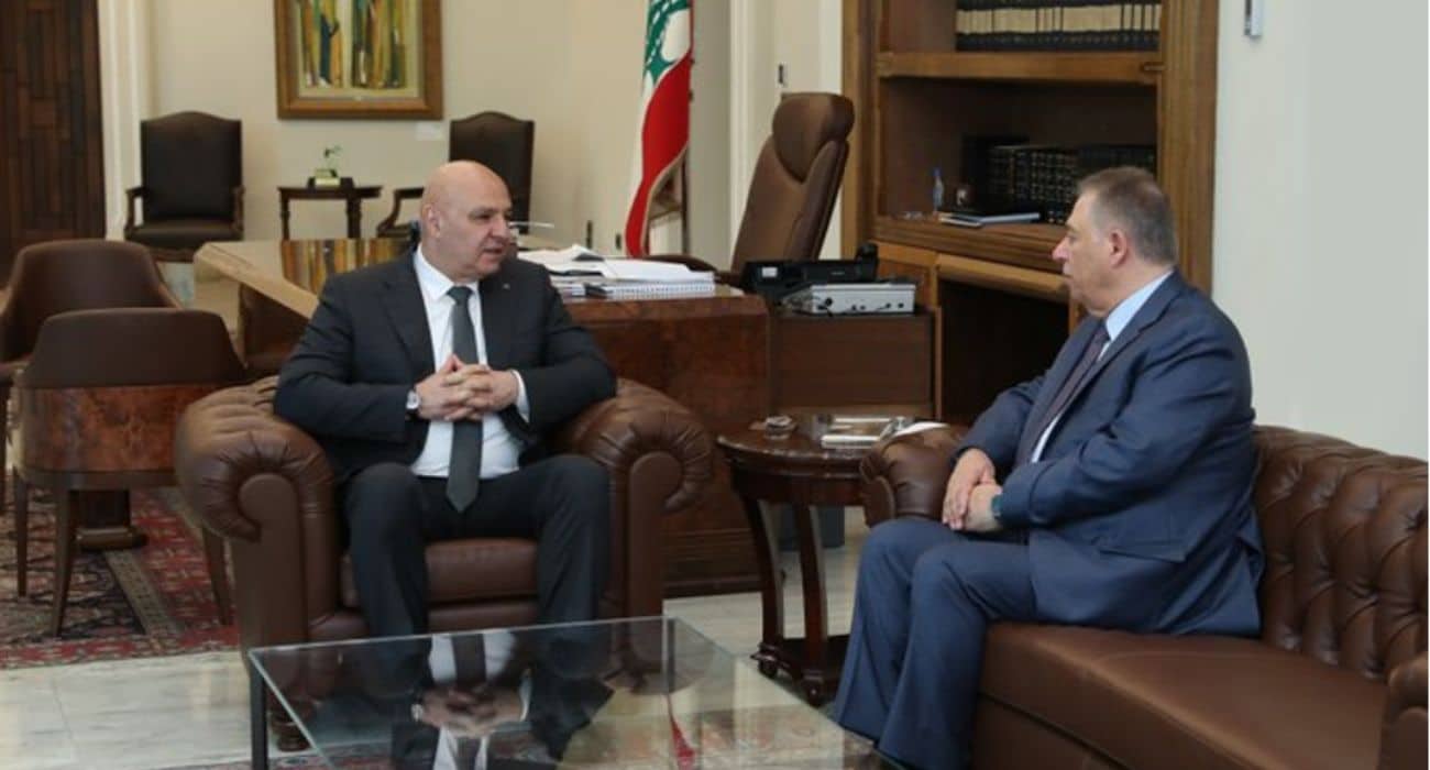 President Joseph Aoun meeting with the Palestinian ambassador in Beirut, Ashraf Dabbour.