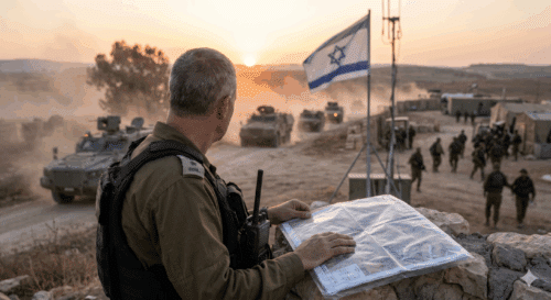 קצין צה"ל בכיר עומד בשטח מול כוחות צבא ורכבים משוריינים בשעת שקיעה. הקצין אוחז מפה ומכשיר קשר, מסמל שליטה, מנהיגות פיקודית וחוסן ארגוני במהלך פעילות מבצעית אינטנסיבית.